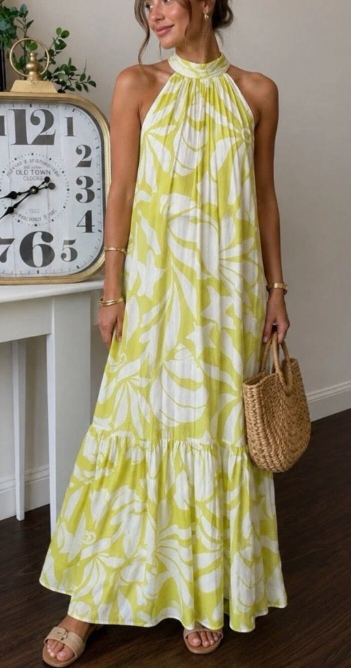 MSK Floral Tiered Halter Tie Back Maxi Sundress Chartreuse Green Small